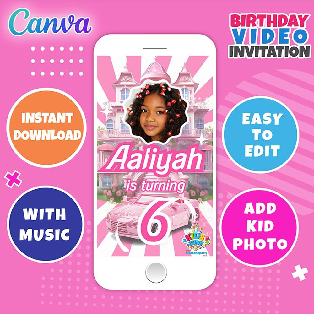 Barbie Dark Skin Birthday Video Invitation Editable And Instant Downloadable Canva Template 0