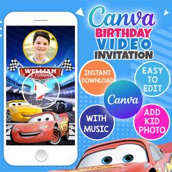 lightning mcqueen birthday invitation video, editable and instant downloadable, canva template