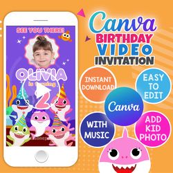 pink baby shark video invitation | editable and instant downloadable | canva template