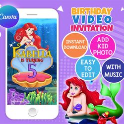 little mermaid birthday video invitation, editable and instant downloadable, canva template