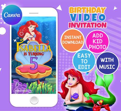 Little Mermaid Birthday Video Invitation, Editable and instant downloadable, Canva Template