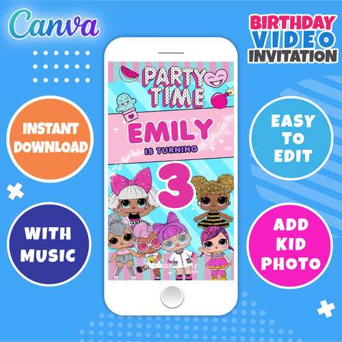 LOL Surprise Birthday Video Invitation - Instant Download Template - Canva Template - With Music