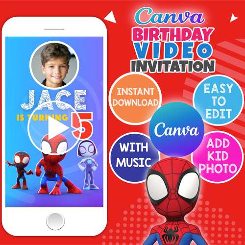 Spidey and his amazing friends birthday Animated video invitation Editable and instant downloadable | Canva Template