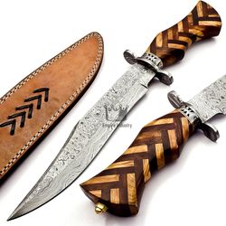 Handmade Damascus Steel Cross Hunting Bowie Knife With Sheath Fixed Blade Camping Knife Hunting Bowie Survival Knife