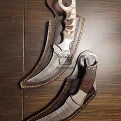 Set Of 2 Handmade Damascus Steel Full Tang Hunting Karambit Knives With Sheath Fixed Blade Gift Survival Knife