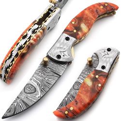 Handmade Damascus Steel Folding Knife Pocket Camping Knife With Sheath Resin Handle Survival Knife Medieval Sword