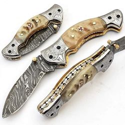 Ram Horn Handle Handmade Damascus Steel Folding Knife Pocket Camping Knife With Sheath Survival Knife Medieval Sword