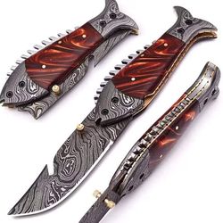 Resin Handle Damascus Steel Fish Style Folding Knife Pocket Camping Knife With Sheath Survival Knife Medieval Sword