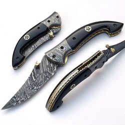 Bull Horn Handle Damascus Steel Amazing Folding Knife Pocket Camping Knife With Sheath Survival Knife Medieval Sword