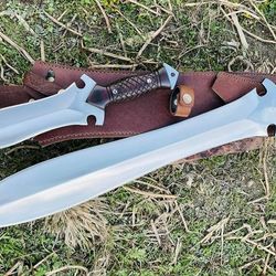 Set Of 2 Hand Forged High Carbon Steel Hunting Sword & Hunting Dagger With Sheath Fixed Blade Gift Survival Knife