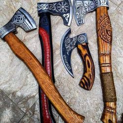Set Of 4 Hand Forged High Carbon Steel Hunting Axe Pizza Axe Throwing Axe With Sheath Fixed Blade Gift Survival Knife