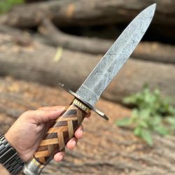 Handmade Damascus Steel Hunting 16 Inch Long Dagger With Leather Sheath Fixed Blade Camping Knife Hunting Bowie