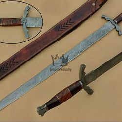 34 Inch Empire Custom Handmade Damascus Steel Viking Sword Fixed Blade Hunting Sword Straight Edge Wood Handle