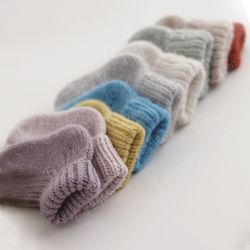 Baby hand knit booties, Newborn Angora socks , Soft infant leg warmers