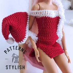 Crochet Pattern suitable for Barbie, Dress with a slit and Christmas Santa hat - DIY doll Fashion