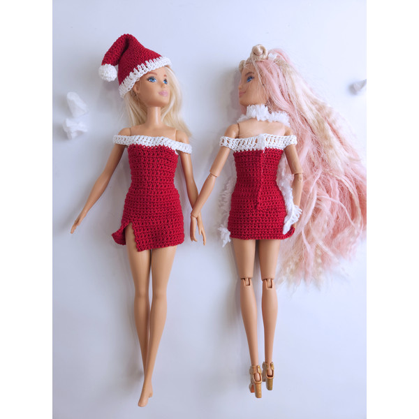 Barbie doll wearing a Christmas dress with a slit