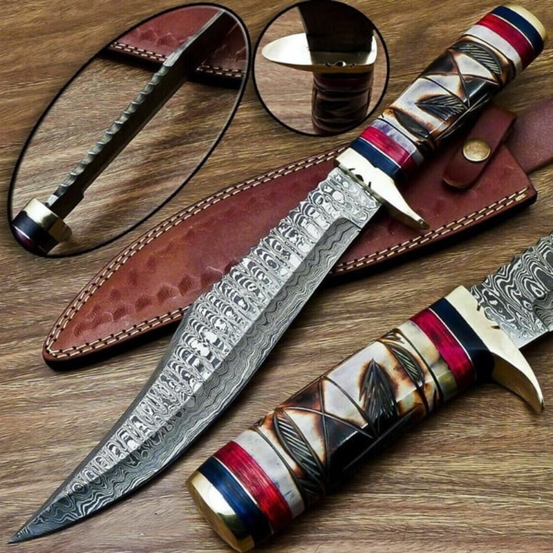 Damascus Steel Hunting Bowie Knife With Handmade Cow Leather (5).jpg