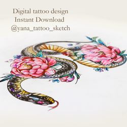 Snake Tattoo Design Color Snake And Peonies Flower Tattoo Ideas Sketch, Instant download JPG, PNG
