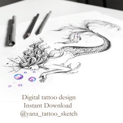 Mermaid Tattoo Designs Mermaid Tattoo Sketch Ideas, Instant download JPG, PNG
