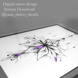 Lotus Ornamental Tattoo Design Ornamental Lotus Flower Tattoo Sketch Idea, Instant download PDF, PNG, JPG