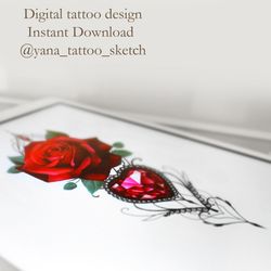 Rose Tattoo Design Red Rose Flower Tattoo Sketch Crystal Heart Ornamental Tattoo Ideas, Instant download PDF, JPG, PNG