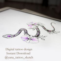 Snake Tattoo Sketch Snake Tattoo Design Drawing Snake And Flower Tattoo Idea, Instant download PDF, JPG, PNG