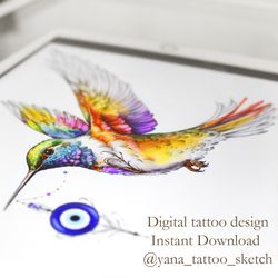 Evil Eye Tattoo Design Hummingbird And Blue Evil Eye Tattoo Ideas Sketch, Instant download PDF, JPG, PNG