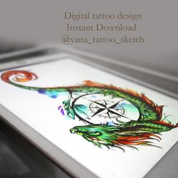 Dragon Tattoo Designs Dragon And Compass Tattoo Sketch Compass Tattoo Idea, Instant download JPG, PNG, PDF files