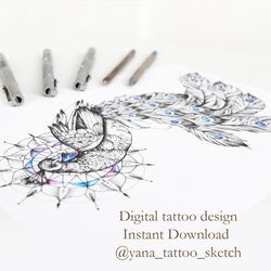 Peacock Tattoo Designs Fine Line Peacock Mandala Tattoo Ideas Sketch, Instant download JPG, PNG
