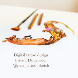 Fox Tattoo Designs Cute Color Red Fox Watercolor Tattoo Sketch, Instant download PNG and JPG files