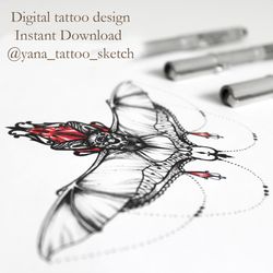 Bat Tattoo Design For Females Bat Tattoo Sketch Under Chest Bat Tattoo Idea, Instant download PNG and JPG