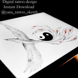 Yin Yang Tattoo Design Yin Yang Phoenix Tattoo Sketch Yin Yang Tattoo Ideas, Instant download PDF, JPG, PNG