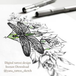 Dragonfly Tattoo Designs Fine Line Dragonfly With Flowers Tattoo Sketch Ideas, Instant download JPG, PNG