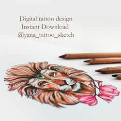 Colored Lion Tattoo Designs Lion And Flowers Tattoo Sketch Ideas, Instant download JPG, PNG files