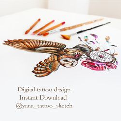 Owl Tattoo Design Colored Owl And Dream Catcher Tattoo Sketch Barn Owl Tattoo Ideas Instant download JPG, PNG