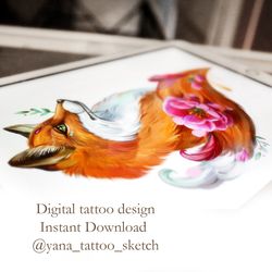 Fox Tattoo Design Ideas Fox Tattoo Sketch Fox And Flower Tattoo Designs, Instant download JPG, PDF, PNG