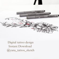 Deer Tattoo Designs For Females Deer And Peony Flower Tattoo Sketch Idea, Instant download JPG, PNG