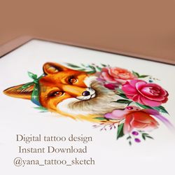 Fox Tattoo Design Ideas Fox Tattoo Sketch Fox And Peony Flower Tattoo Designs, Instant download JPG, PDF, PNG
