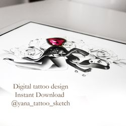 Pin Up Girl Tattoo Design Jessica R Tattoo Ideas Sketch, Instant download PDF, JPG, PNG