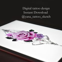 Flower Rose Tattoo Designs Ornamental Realistic Rose Tattoo Drawing Idea Sketch, Instant download JPG, PDF, PNG