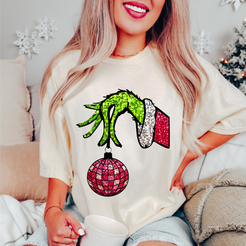 Faux Sequin Disco Ball Png, Grinch Ornament Png, Disco Ball Png, Preppy Green Guy Hand, Ornament Png, Christmas Png, Sublimination Design.jpg