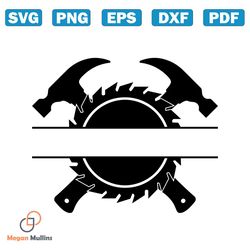 saw blade split monogram svg, crossed hammers svg, logger, lumberjack, woodsman. vector cut file cricut, silhouett