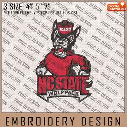 NCAA NC State Wolfpack Logo Embroidery Design, Machine Embroidery Files in 3 Sizes for Sport Lovers, NCAA Teams