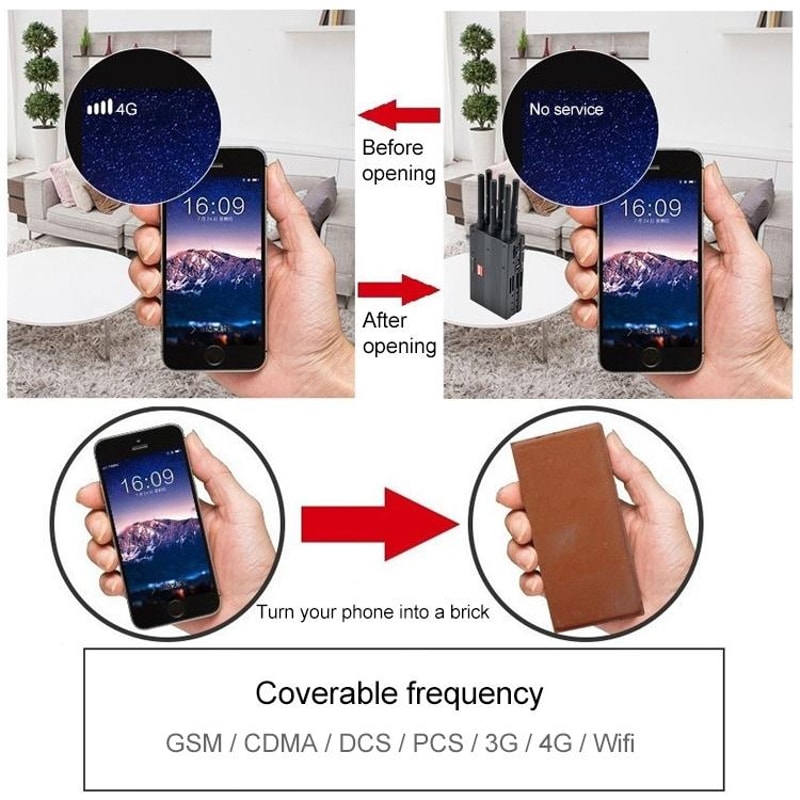 Portable Multi Band Cell Phone Signal Jammer With WiFi 4G Blocking 20m Range 5