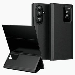 premium smart view window leather case with card slot, protective wallet cover for samsung galaxy phones