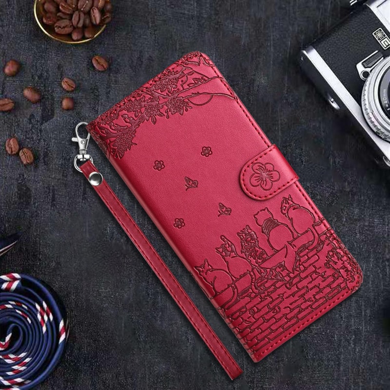 Cute Cat Embossed Wallet Phone Case for Samsung Galaxy with Card Holder and Lanyard