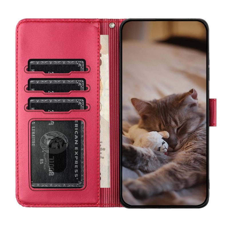 Cute Cat Embossed Wallet Phone Case for Samsung Galaxy with Card Holder and Lanyard