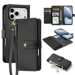 magsafe wallet case with zipper & lanyard for iphone detachable 2 in 1 card holder cover
