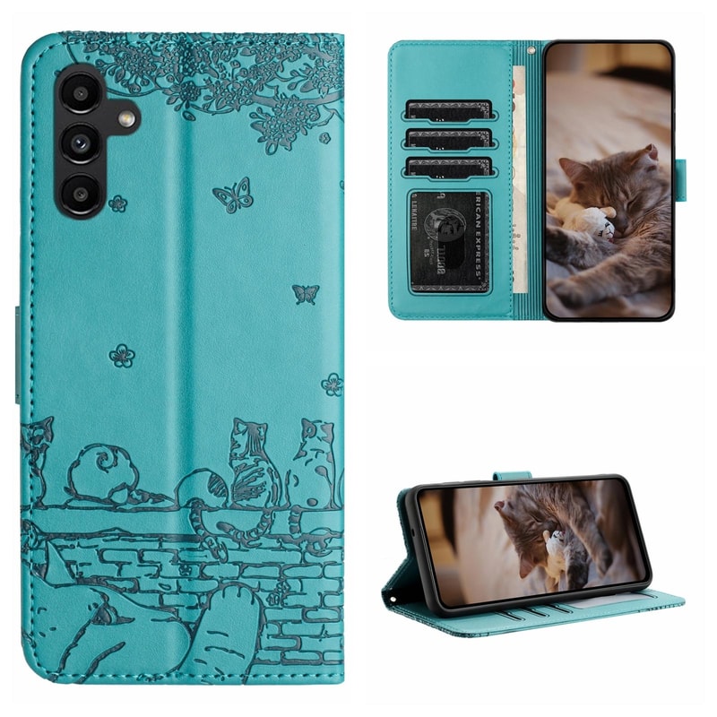 Cute Cat Embossed Wallet Phone Case for Samsung Galaxy with Card Holder and Lanyard