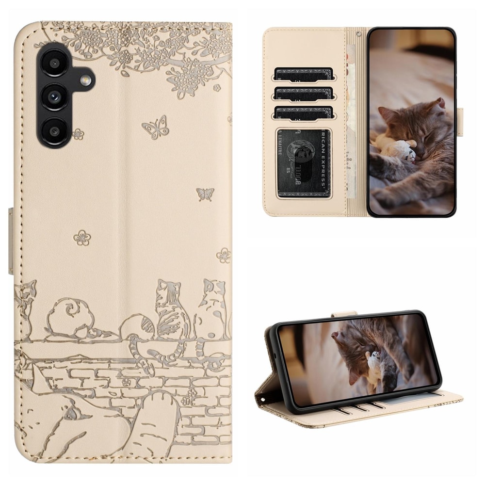 Cute Cat Embossed Wallet Phone Case for Samsung Galaxy with Card Holder and Lanyard